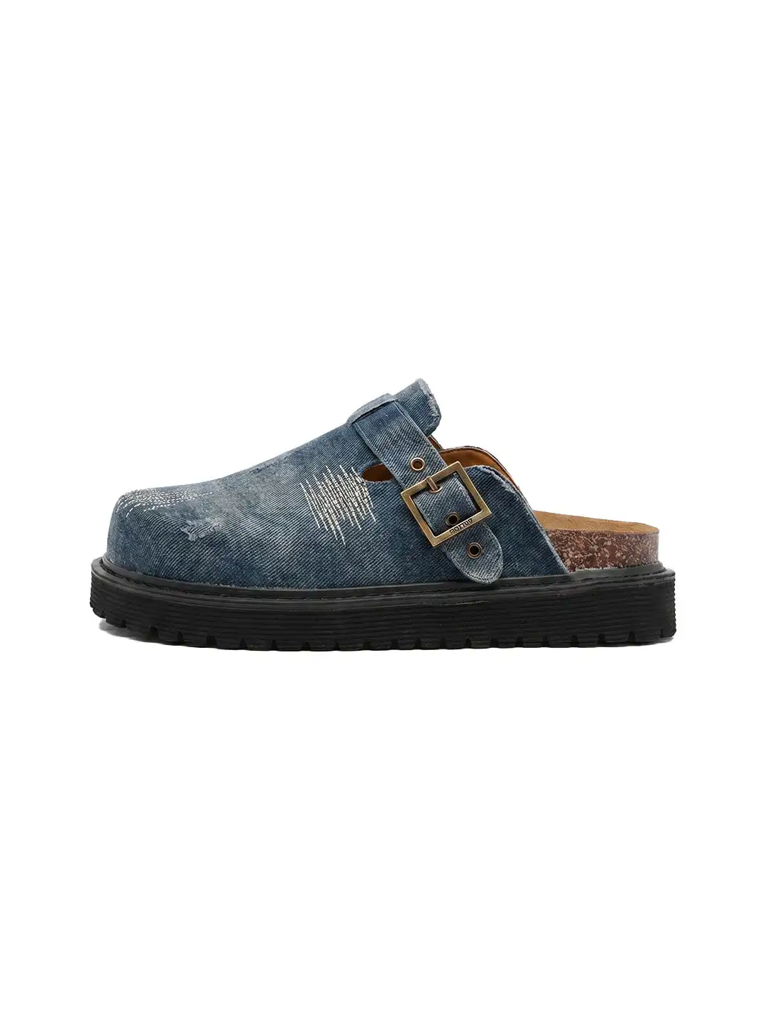 Uenoplanet | Distressed Denim Stitch Detail Buckle Strap Platform Mule Clogs