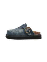 Uenoplanet | Distressed Denim Stitch Detail Buckle Strap Platform Mule Clogs