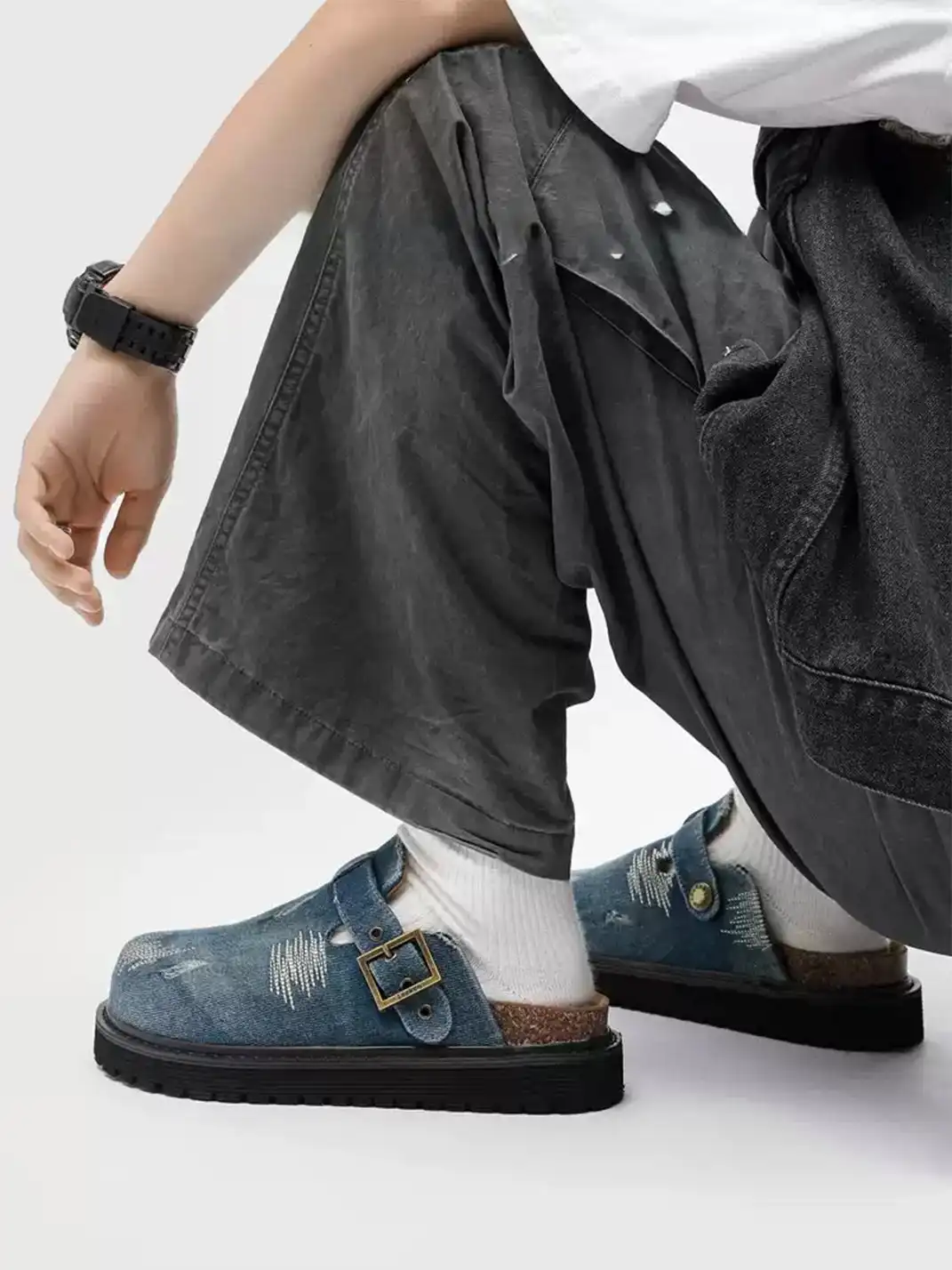 Uenoplanet | Distressed Denim Stitch Detail Buckle Strap Platform Mule Clogs
