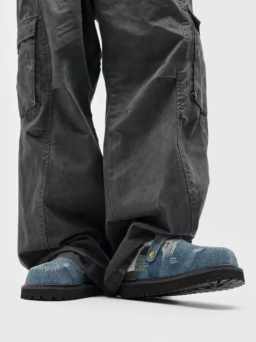 Uenoplanet | Distressed Denim Stitch Detail Buckle Strap Platform Mule Clogs