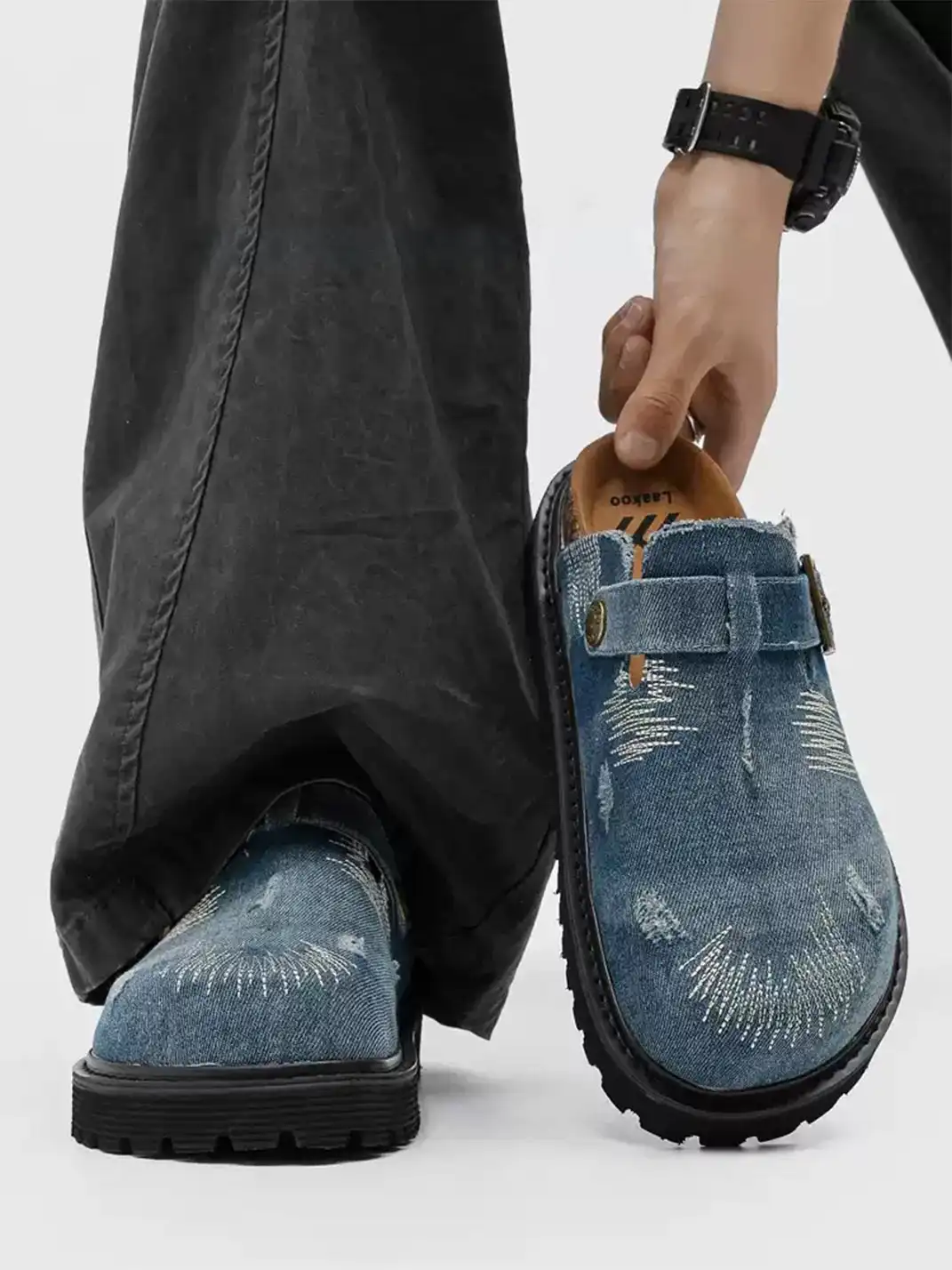 Uenoplanet | Distressed Denim Stitch Detail Buckle Strap Platform Mule Clogs