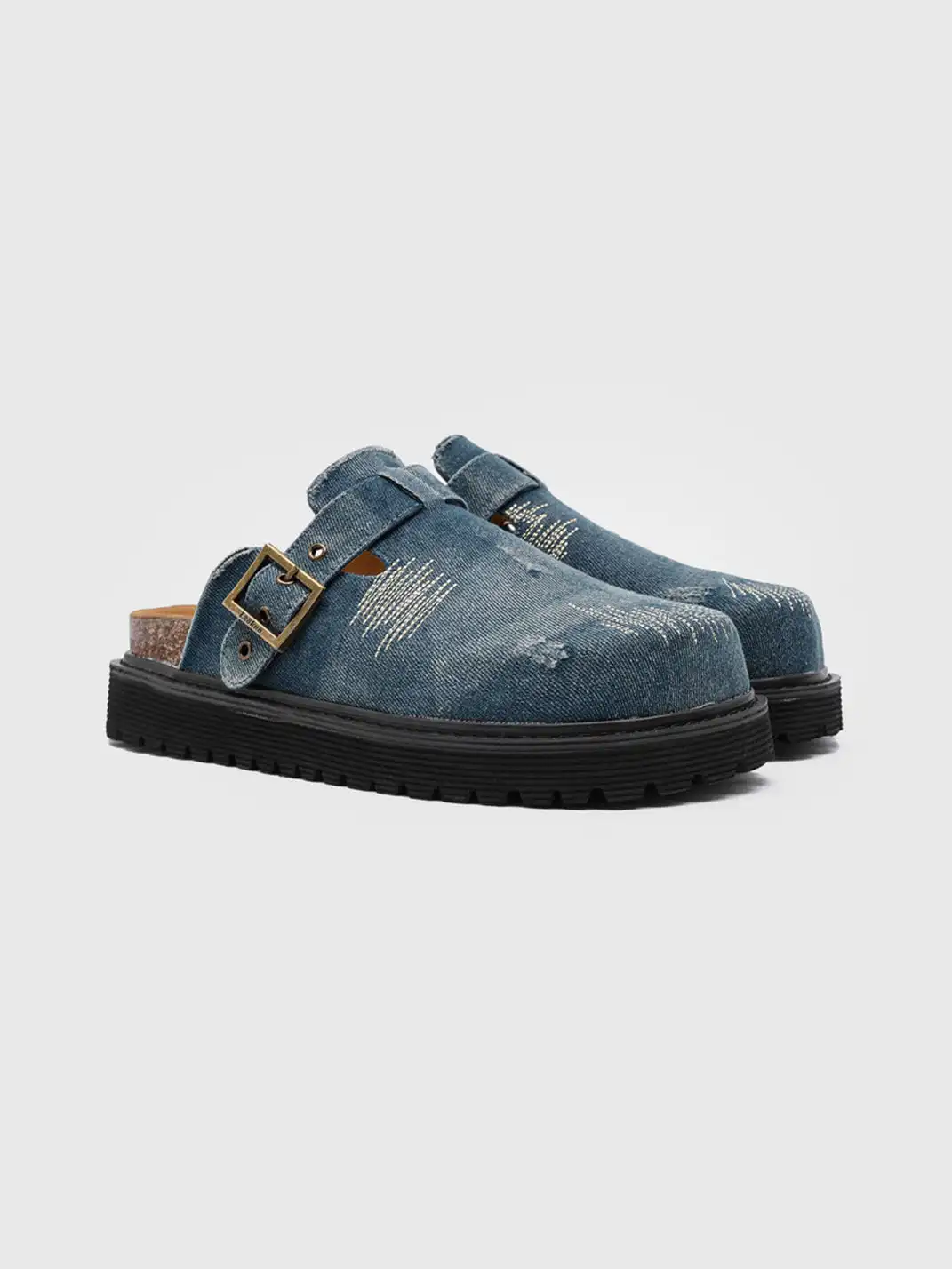 Uenoplanet | Distressed Denim Stitch Detail Buckle Strap Platform Mule Clogs