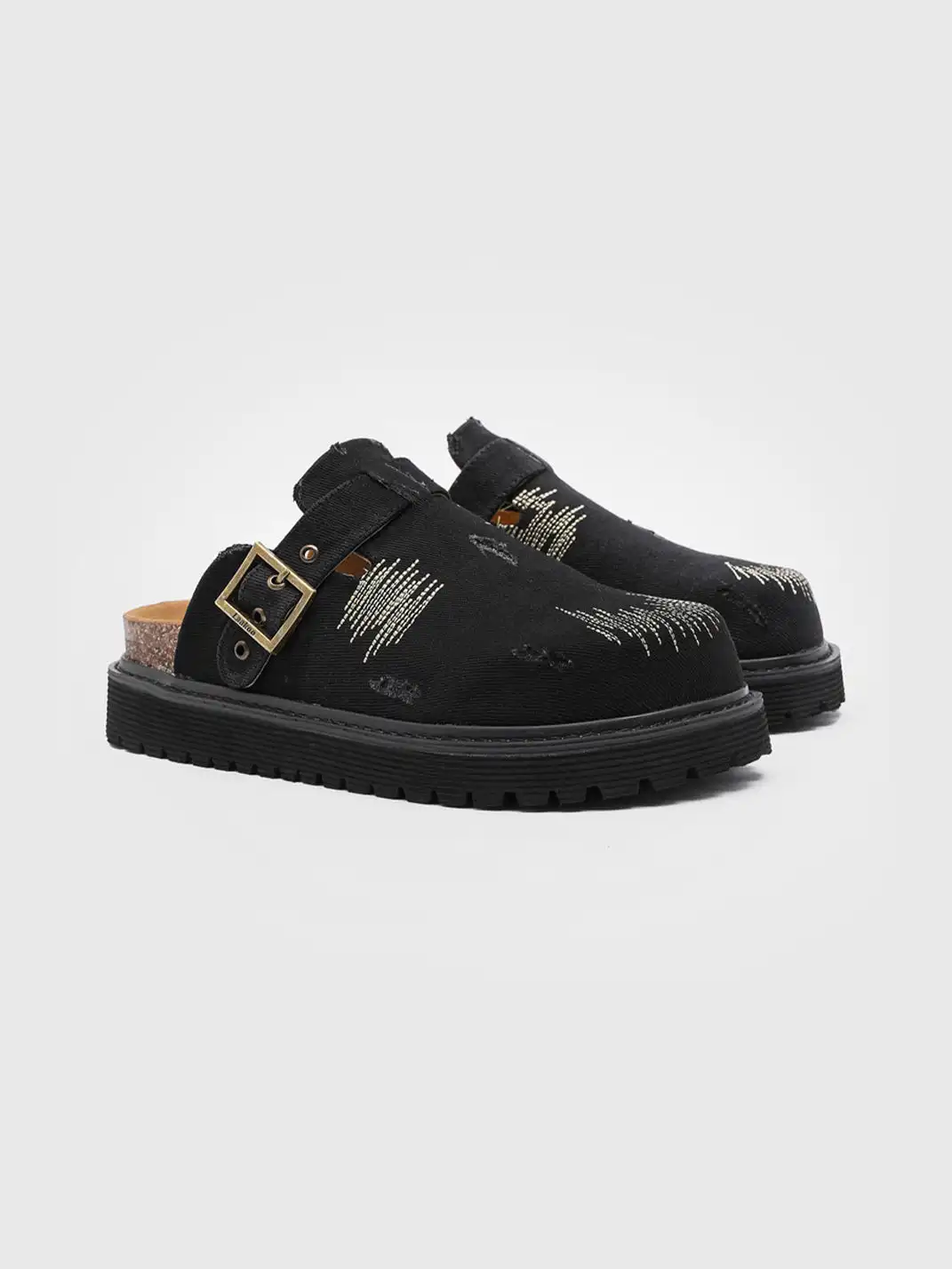 Uenoplanet | Distressed Denim Stitch Detail Buckle Strap Platform Mule Clogs