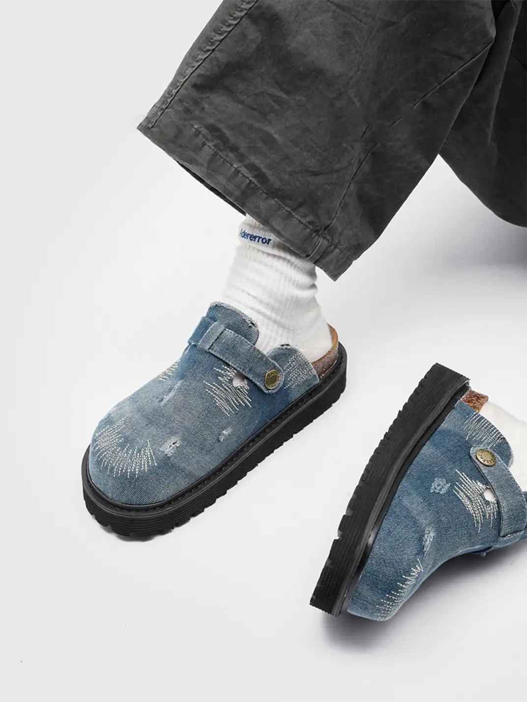 Uenoplanet | Distressed Denim Stitch Detail Buckle Strap Platform Mule Clogs