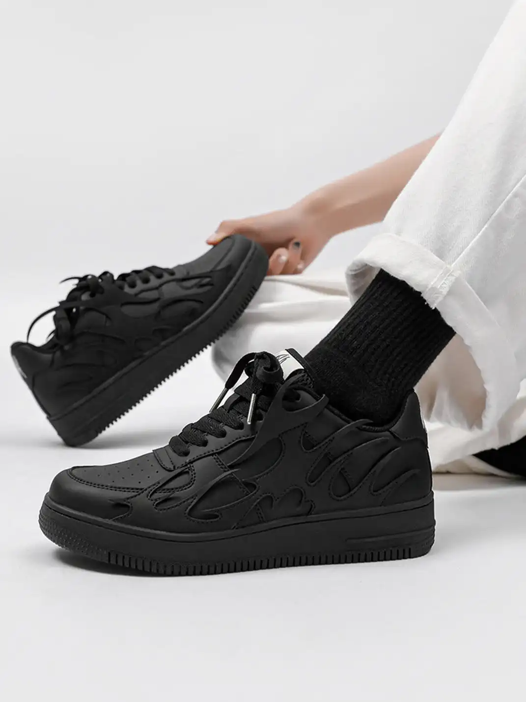 Youthloser | Black And White Flame Graphic Chunky Platform Skate Sneakers