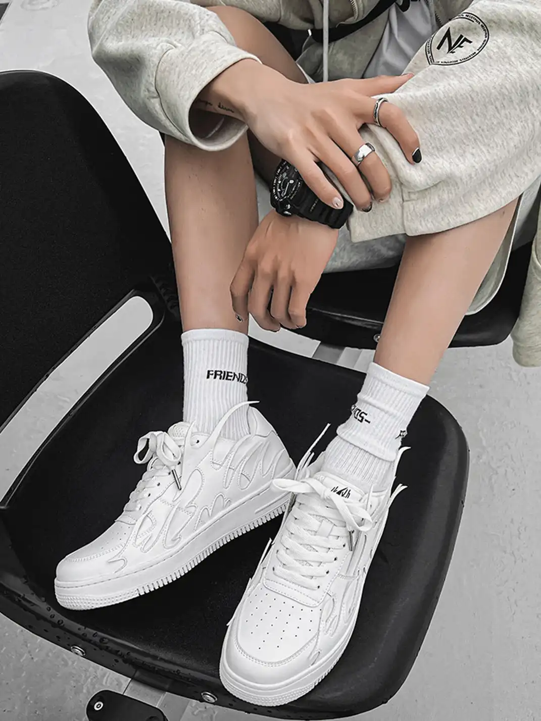 Youthloser | Black And White Flame Graphic Chunky Platform Skate Sneakers