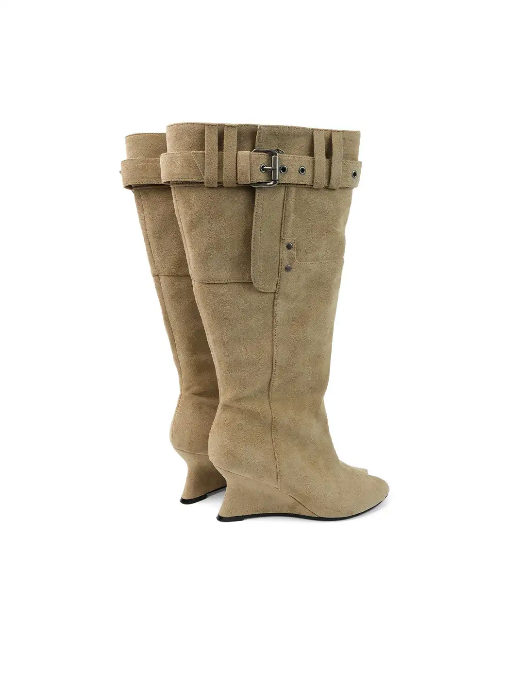 Mooreyu Atelier | Peep Toe Buckle Strap Wedge Heel Roman Sandal Boots