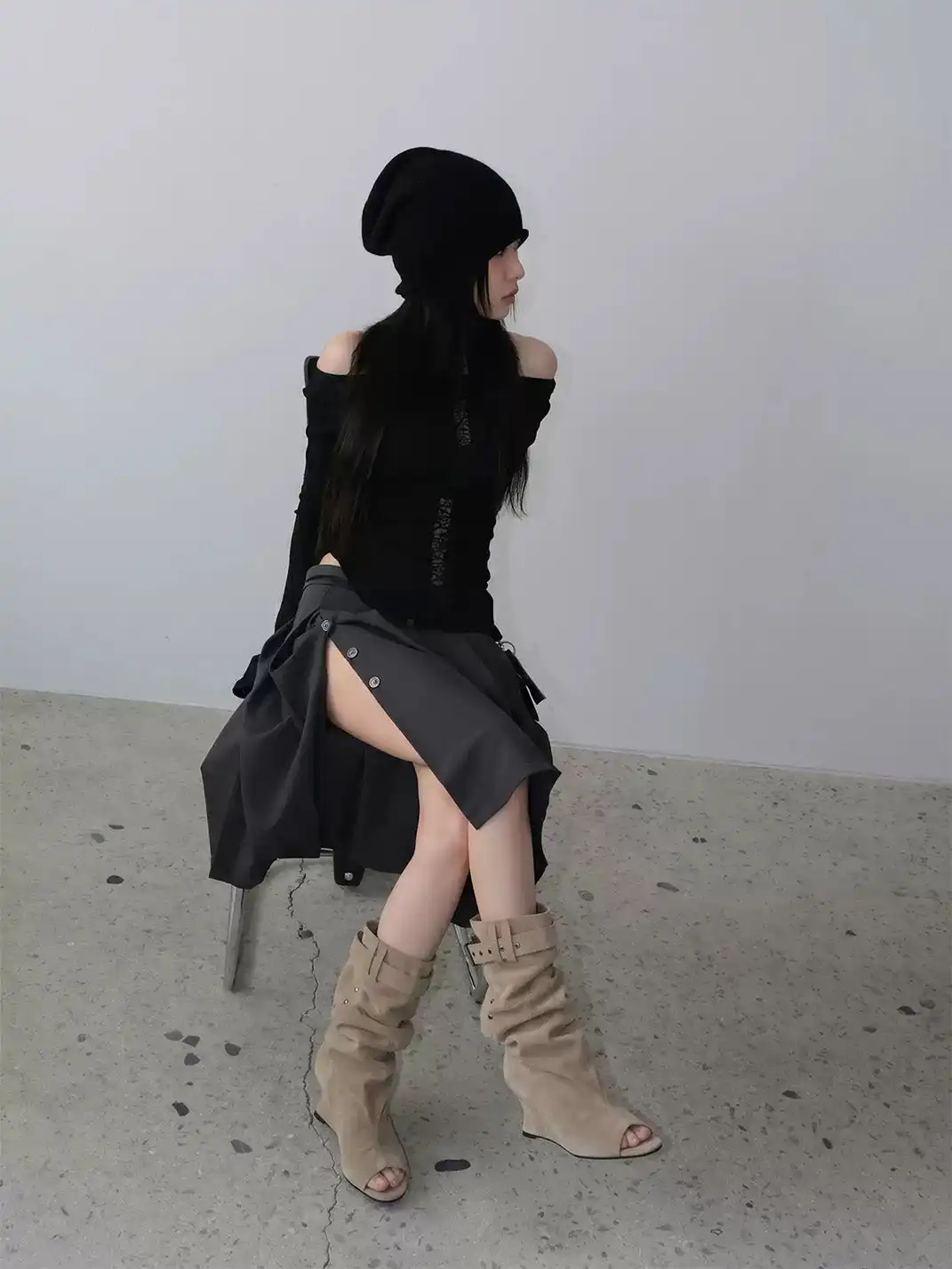 Mooreyu Atelier | Peep Toe Buckle Strap Wedge Heel Roman Sandal Boots