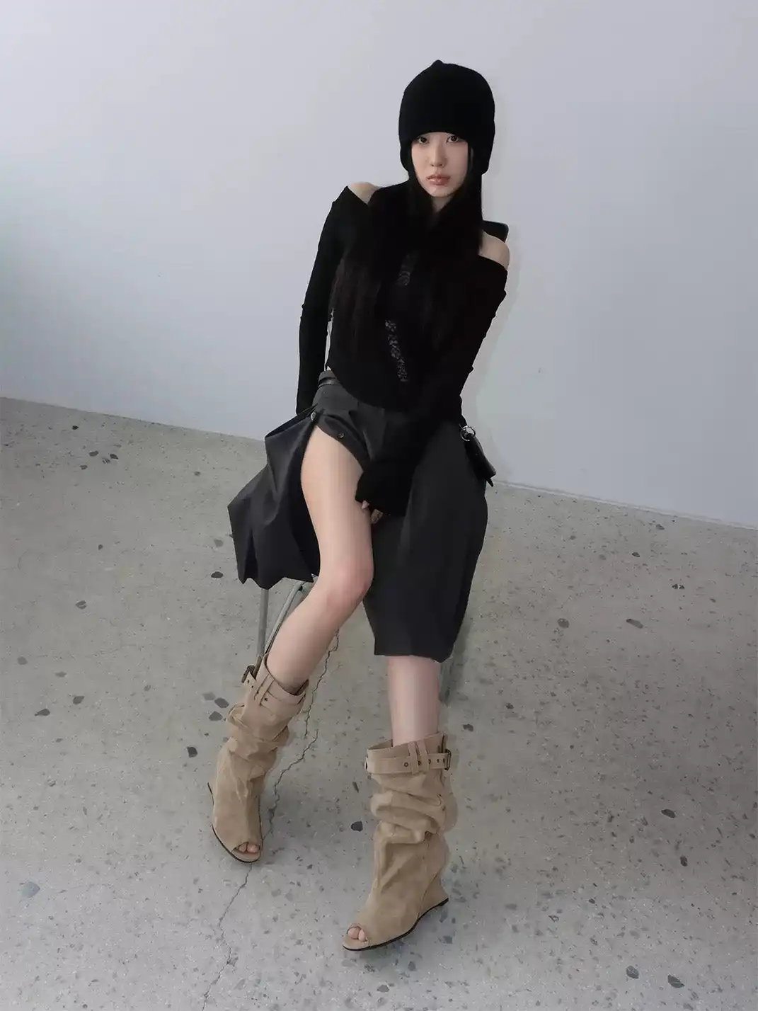 Mooreyu Atelier | Peep Toe Buckle Strap Wedge Heel Roman Sandal Boots