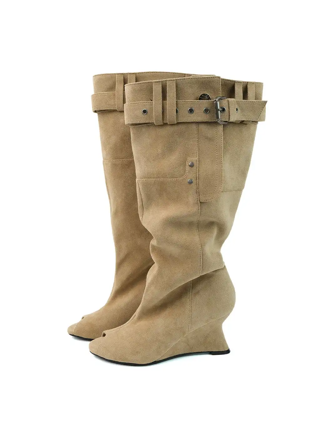 Mooreyu Atelier | Peep Toe Buckle Strap Wedge Heel Roman Sandal Boots