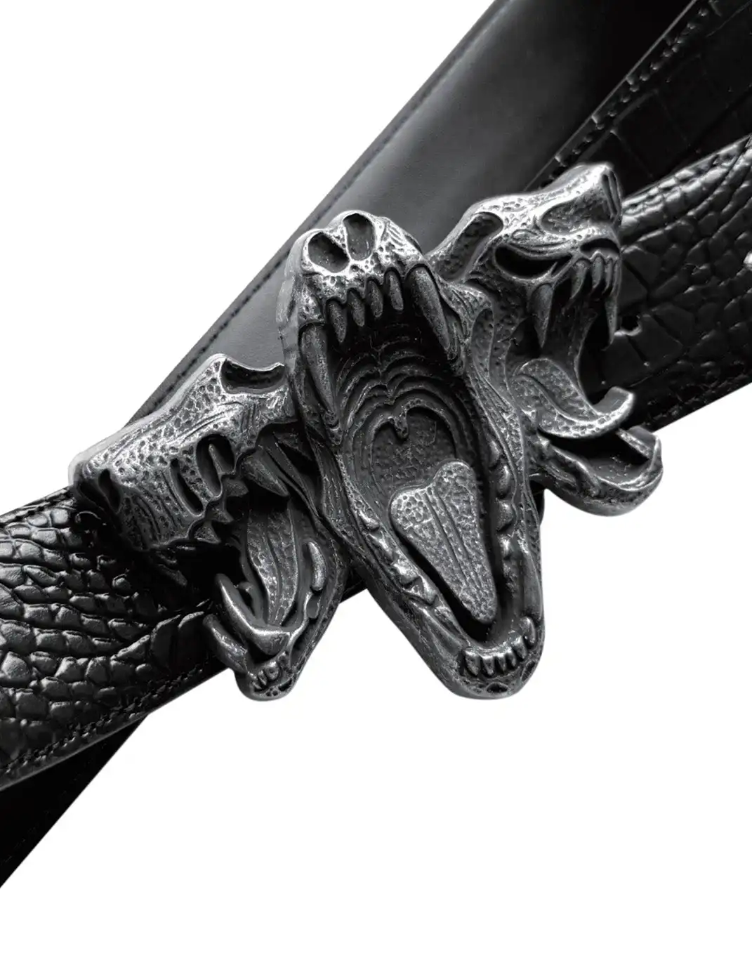 Cinder Vein | Three-Headed Beast Bone Embossed Crocodile Grain Leather Belt