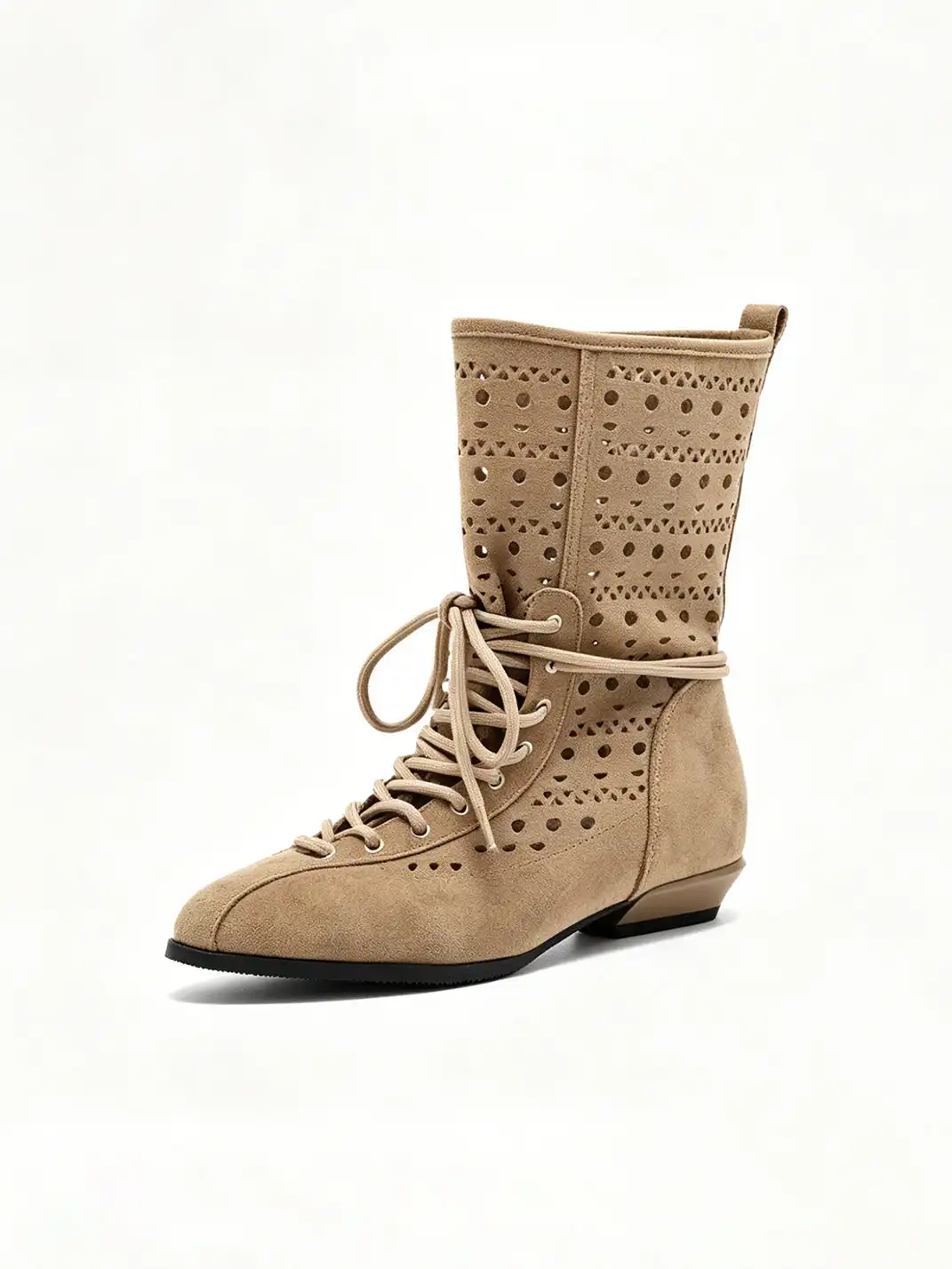 RONG | Lace-Up Suede Cutout Pointed Toe Boots