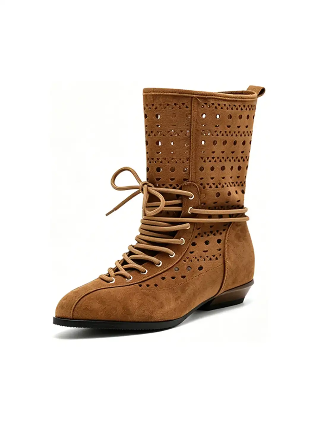 RONG | Lace-Up Suede Cutout Pointed Toe Boots