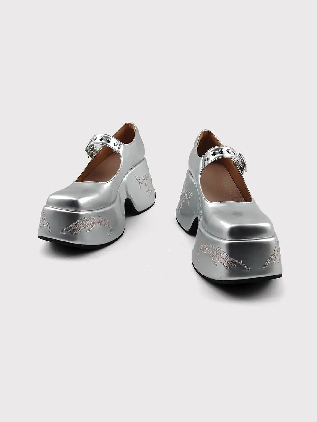 RONG | Silver Embroidery Platform Mary Jane Shoes