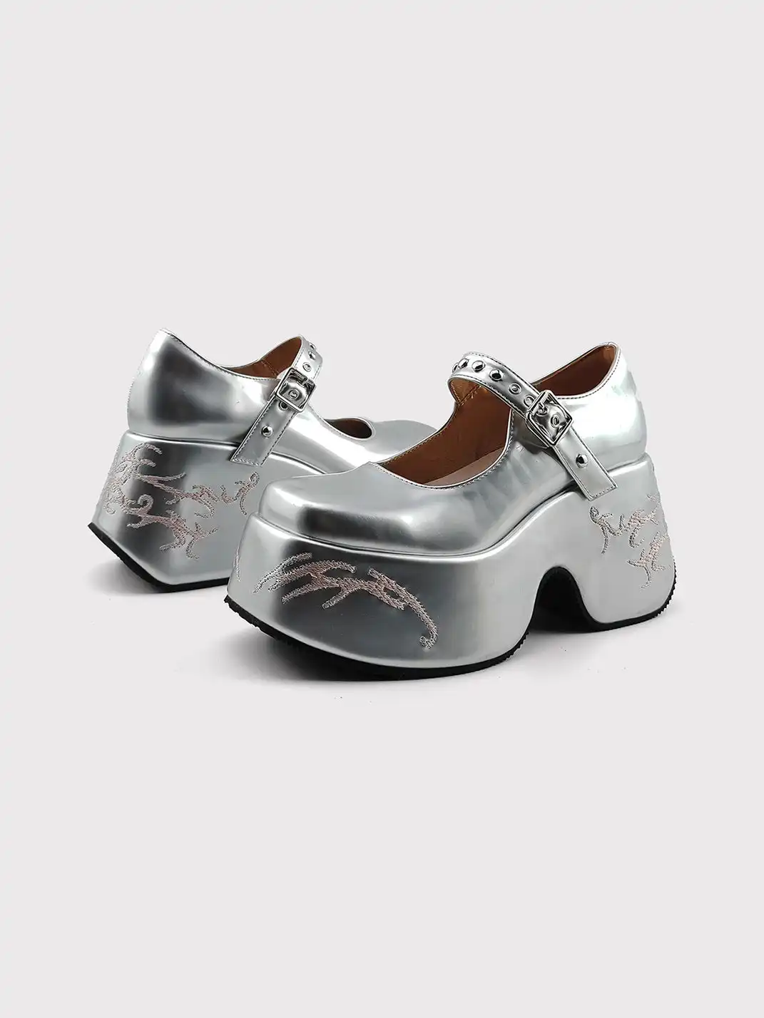 RONG | Silver Embroidery Platform Mary Jane Shoes