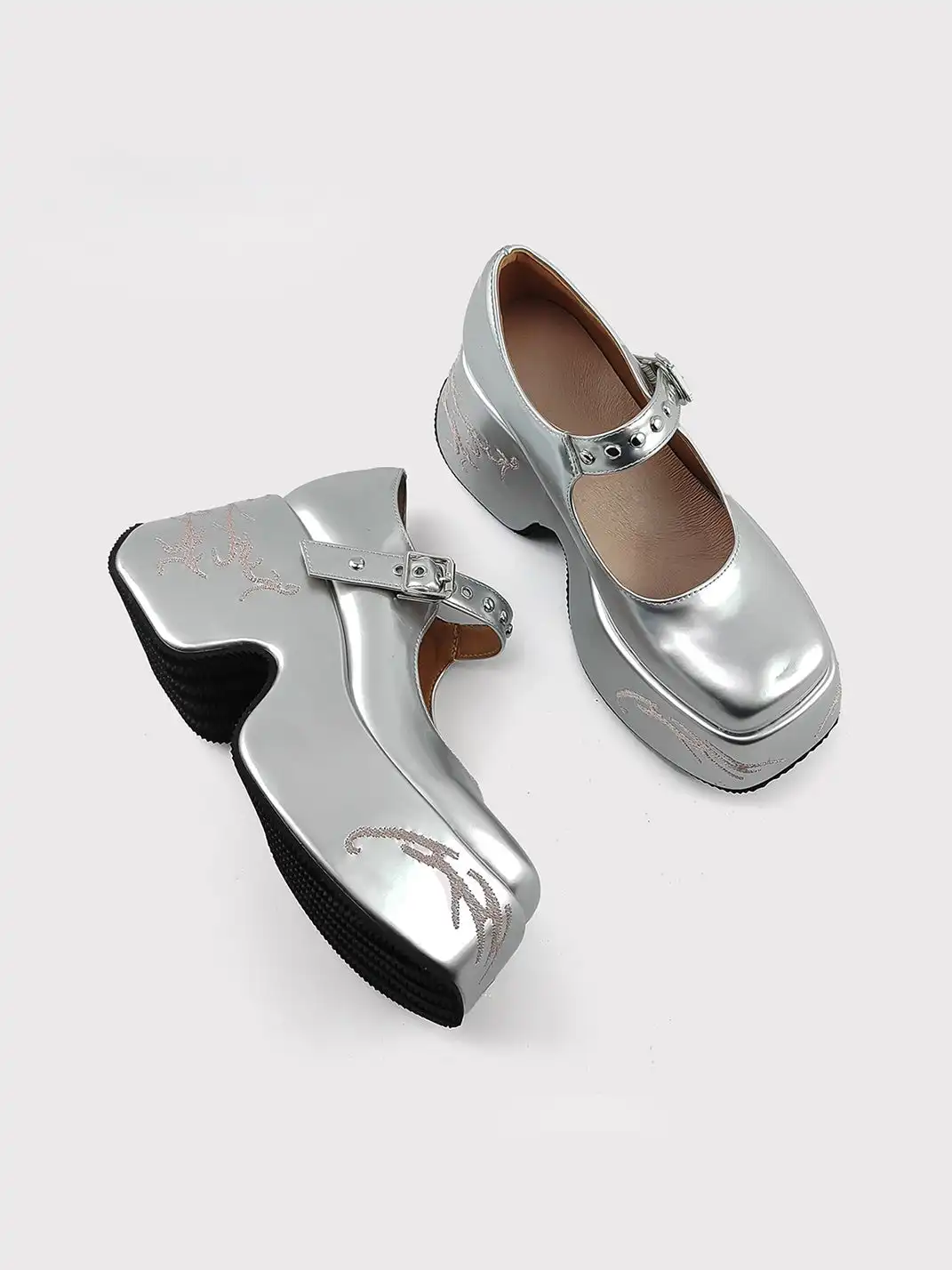 RONG | Silver Embroidery Platform Mary Jane Shoes