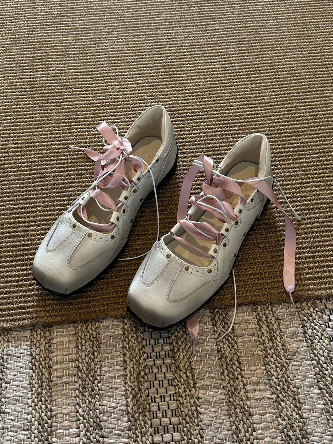 RONG | Square Toe Satin Ribbon Lace-Up Ballet Sneakers
