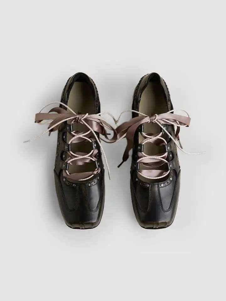 RONG | Square Toe Satin Ribbon Lace-Up Ballet Sneakers