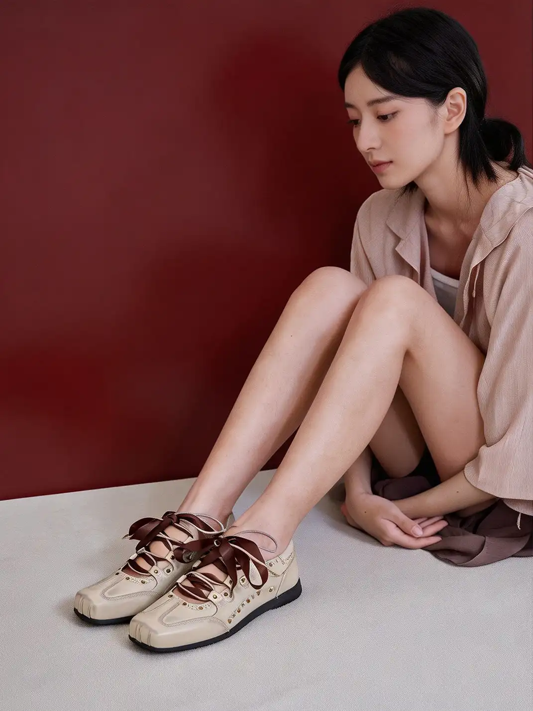 RONG | Square Toe Satin Ribbon Lace-Up Ballet Sneakers