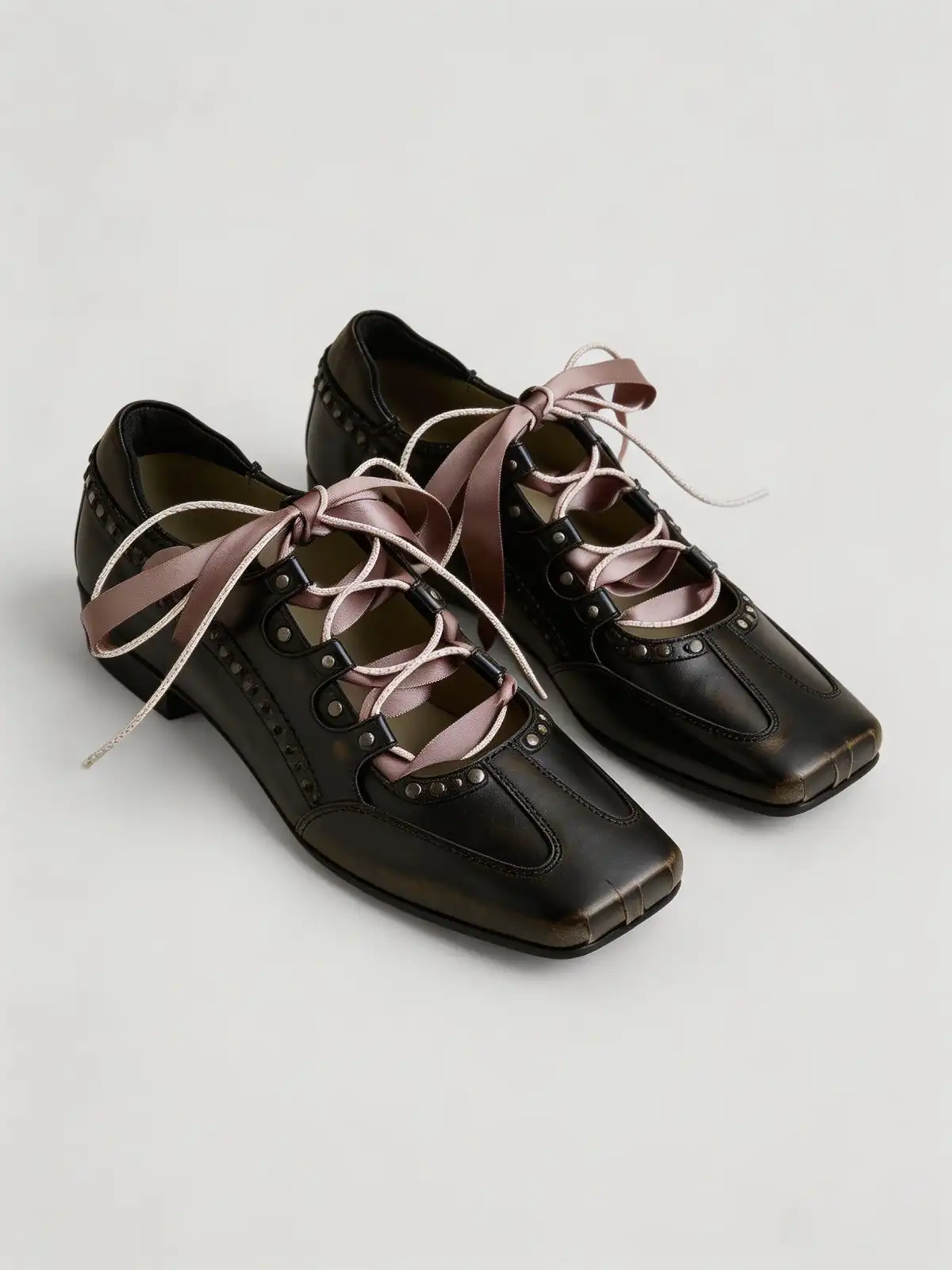 RONG | Square Toe Satin Ribbon Lace-Up Ballet Sneakers