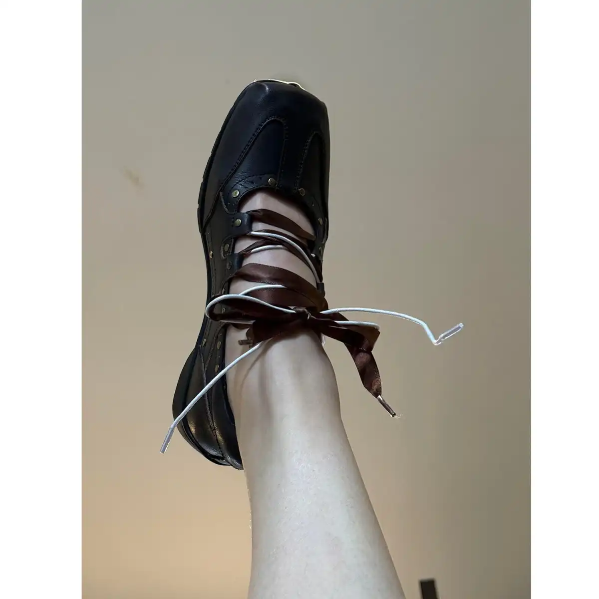 RONG | Square Toe Satin Ribbon Lace-Up Ballet Sneakers