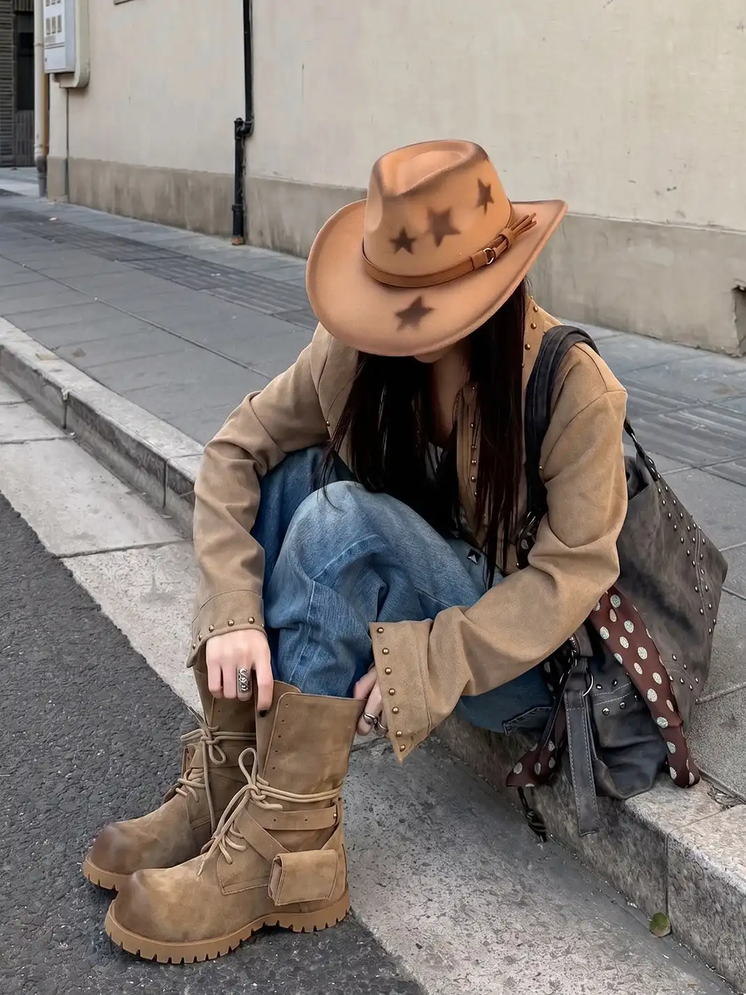 RONG | Distressed Suede Lace-Up Pocket Platform Combat Boots