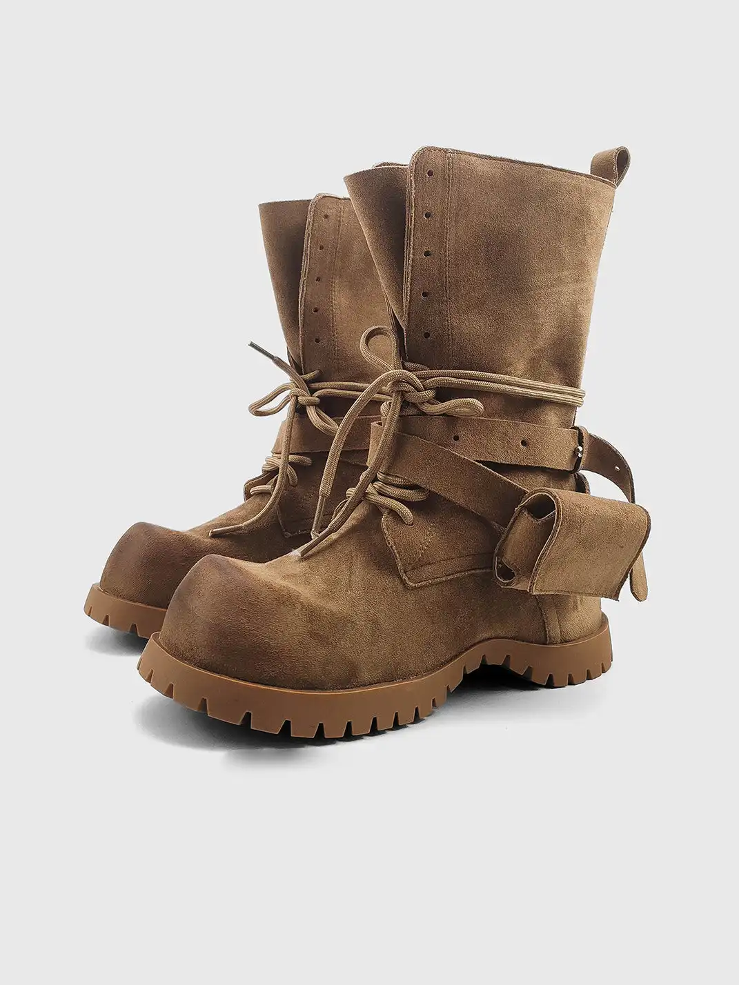 RONG | Distressed Suede Lace-Up Pocket Platform Combat Boots