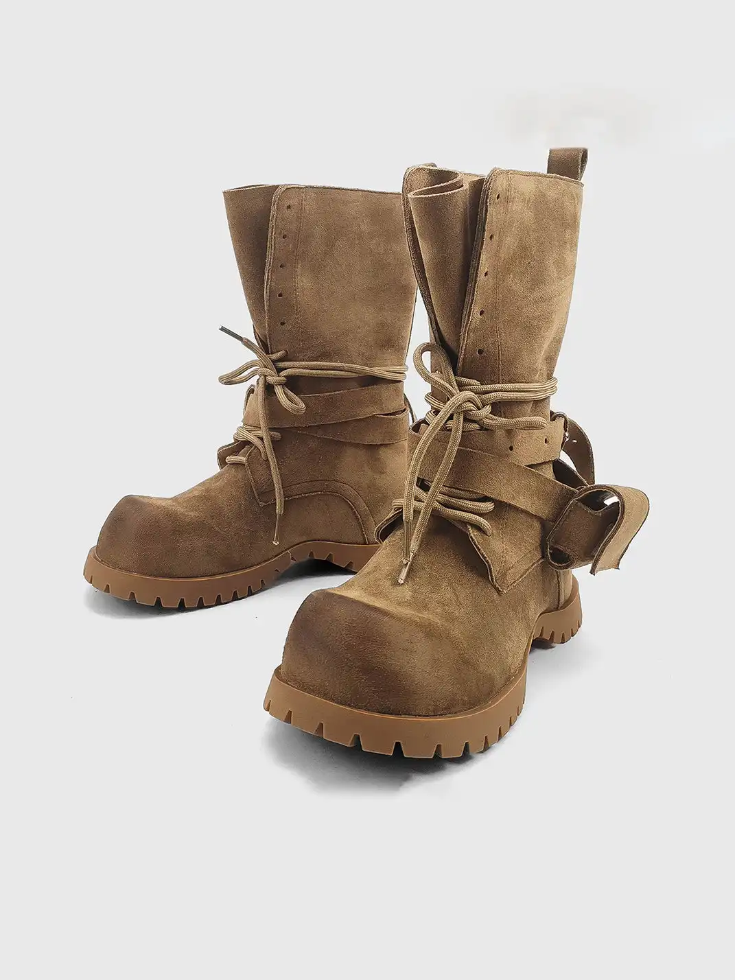 RONG | Distressed Suede Lace-Up Pocket Platform Combat Boots
