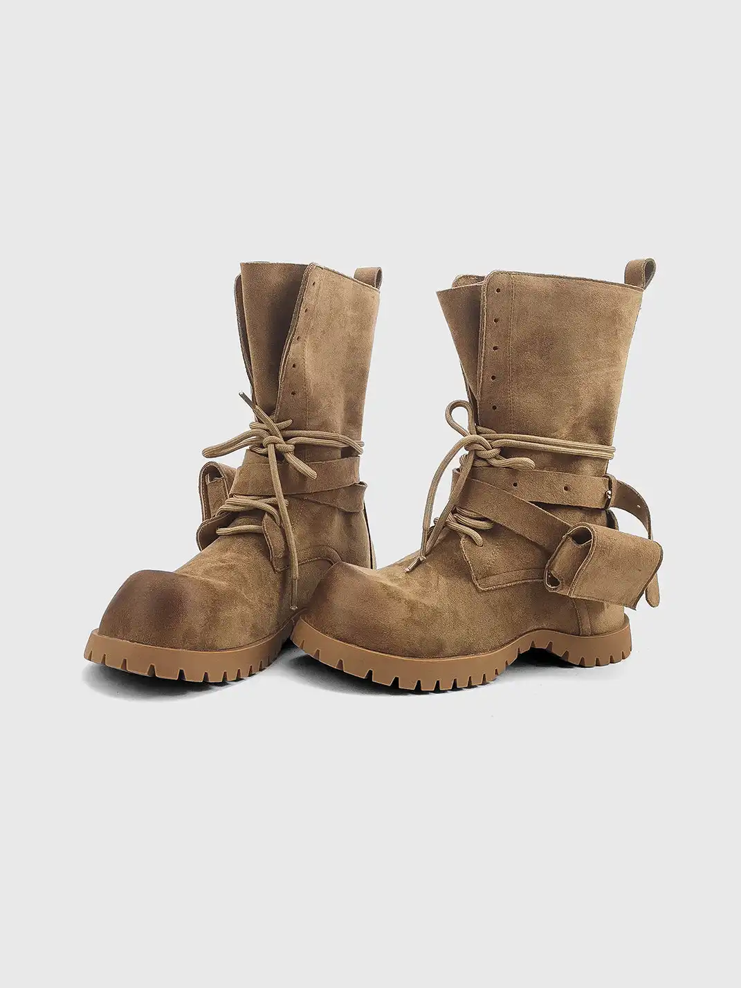 RONG | Distressed Suede Lace-Up Pocket Platform Combat Boots
