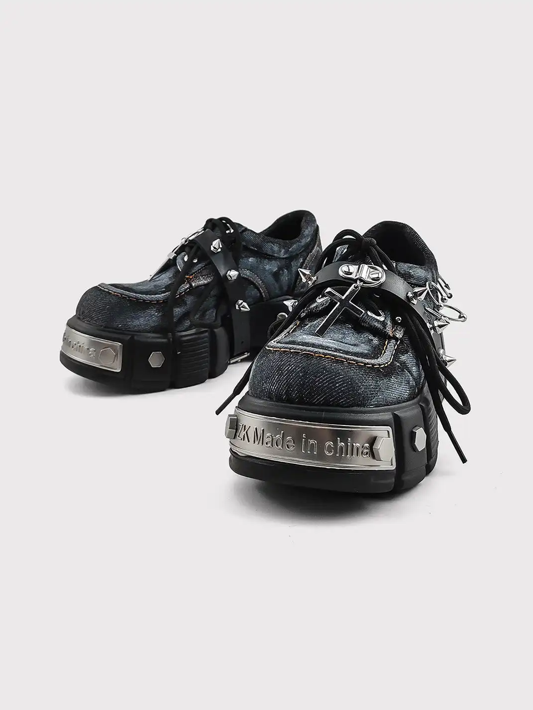 RONG | Washed Denim Cross Metal Stud Chunky Platform Derby Shoes