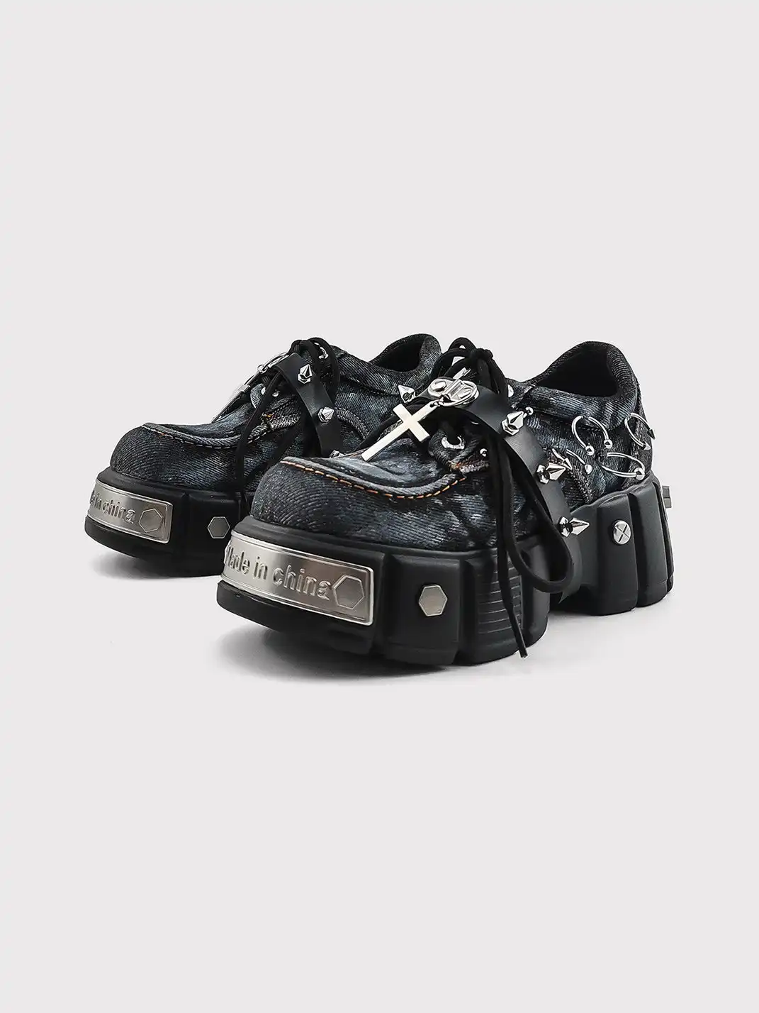 RONG | Washed Denim Cross Metal Stud Chunky Platform Derby Shoes