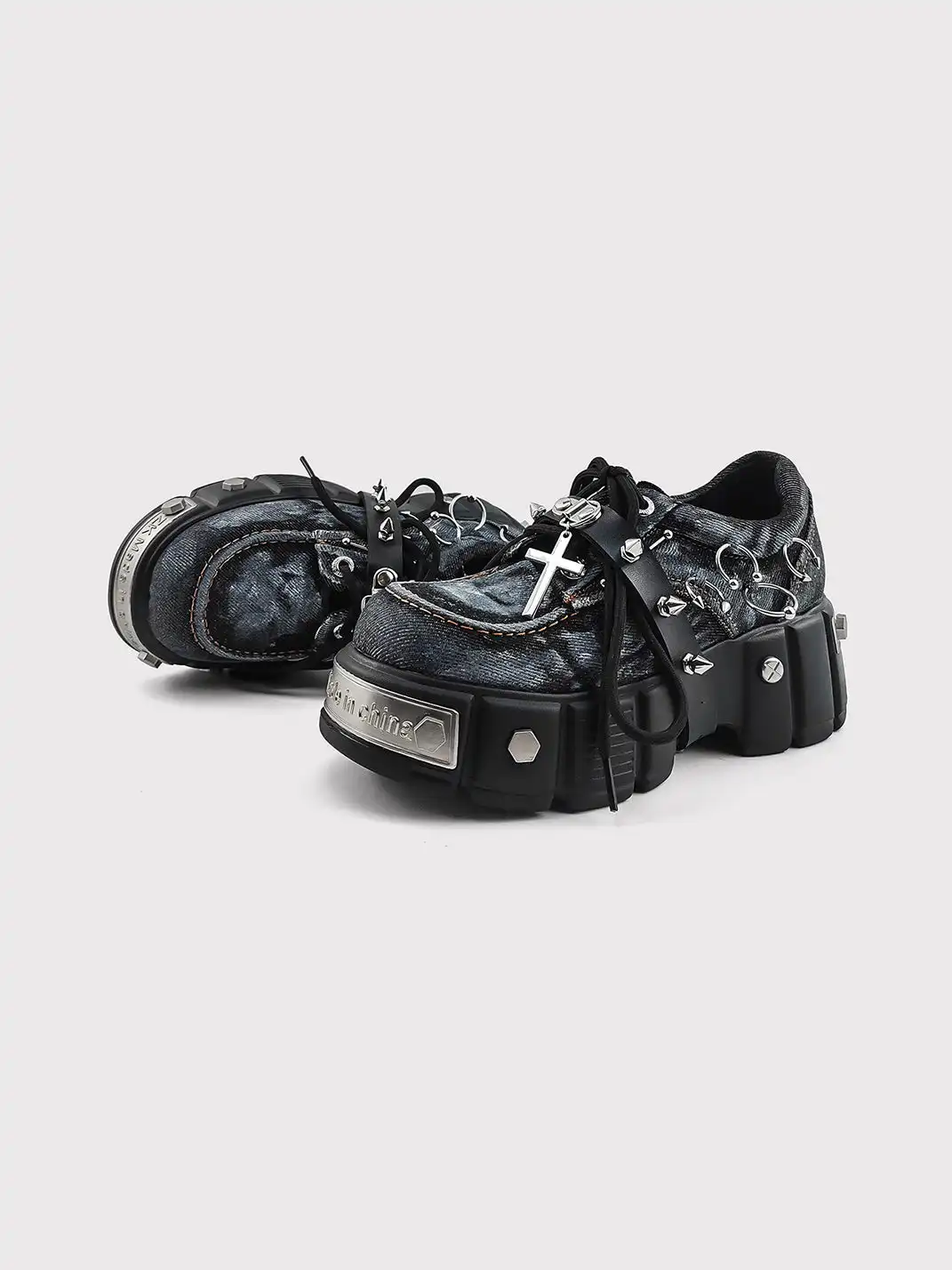 RONG | Washed Denim Cross Metal Stud Chunky Platform Derby Shoes