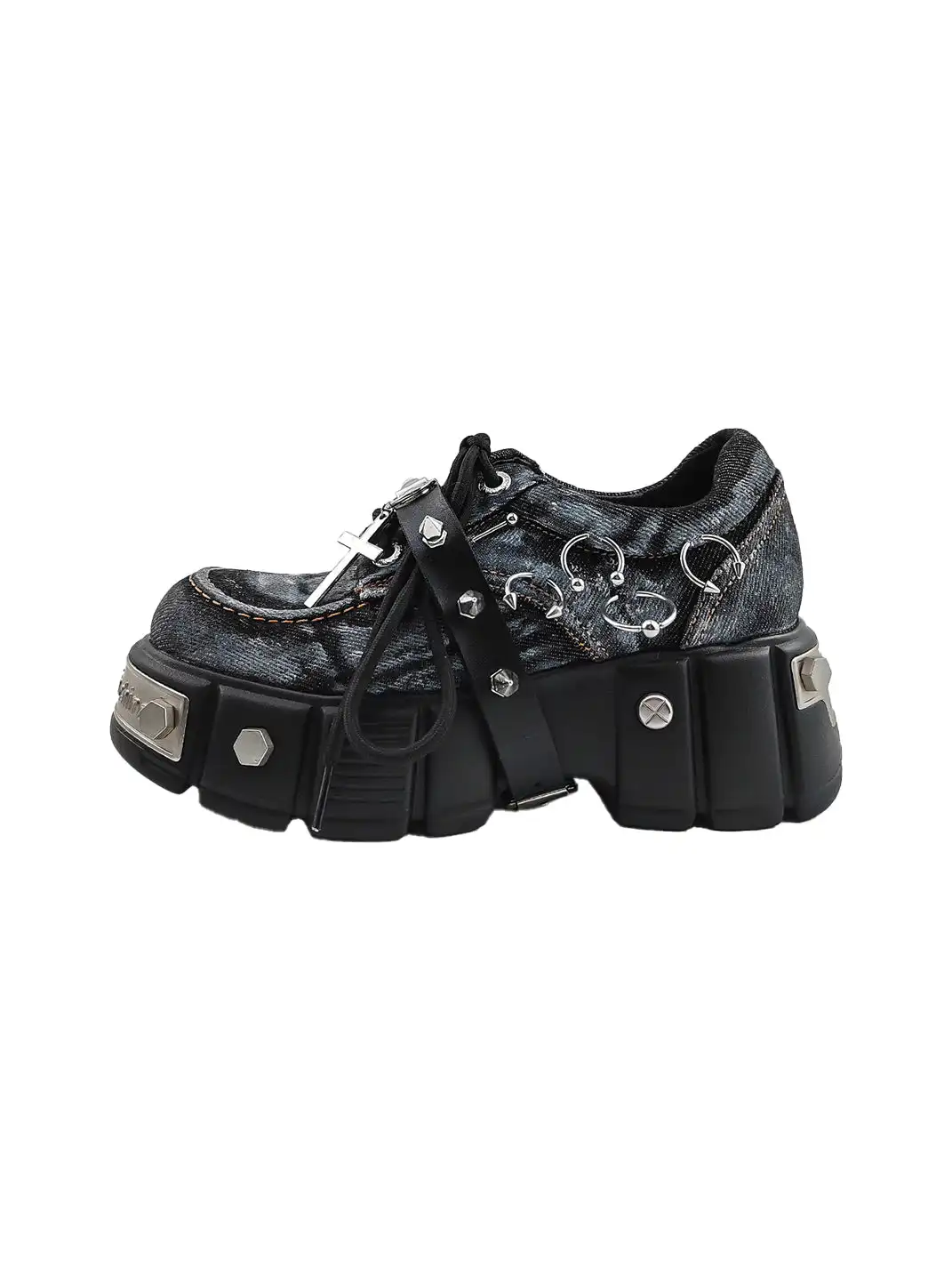 RONG | Washed Denim Cross Metal Stud Chunky Platform Derby Shoes