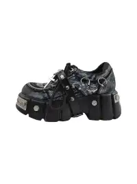 RONG | Washed Denim Cross Metal Stud Chunky Platform Derby Shoes