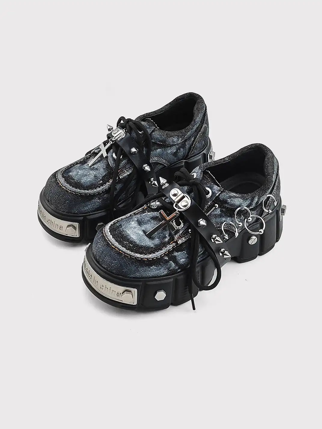 RONG | Washed Denim Cross Metal Stud Chunky Platform Derby Shoes
