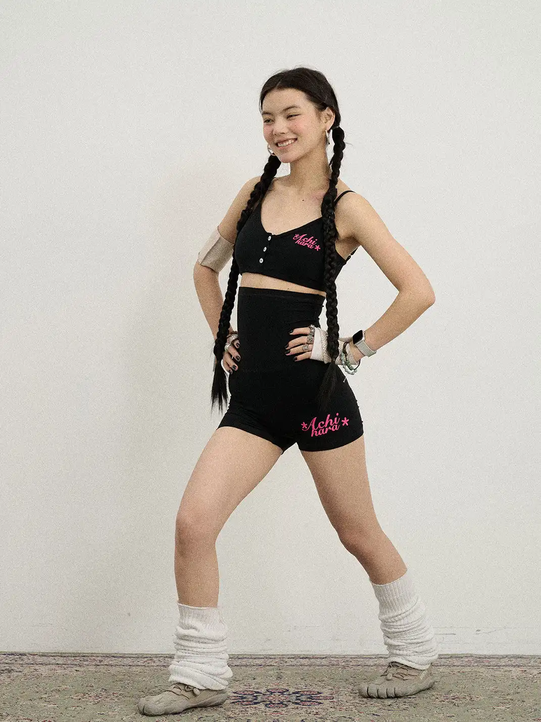 Achihara | Letter Embroidered Button Cropped Cami Top