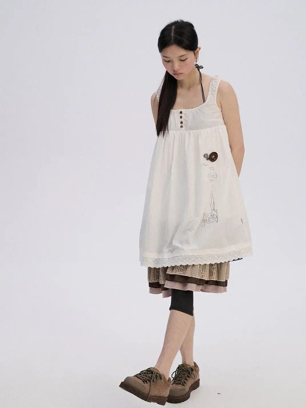 Achihara | Embroidered Button Sleeveless Lace Dress