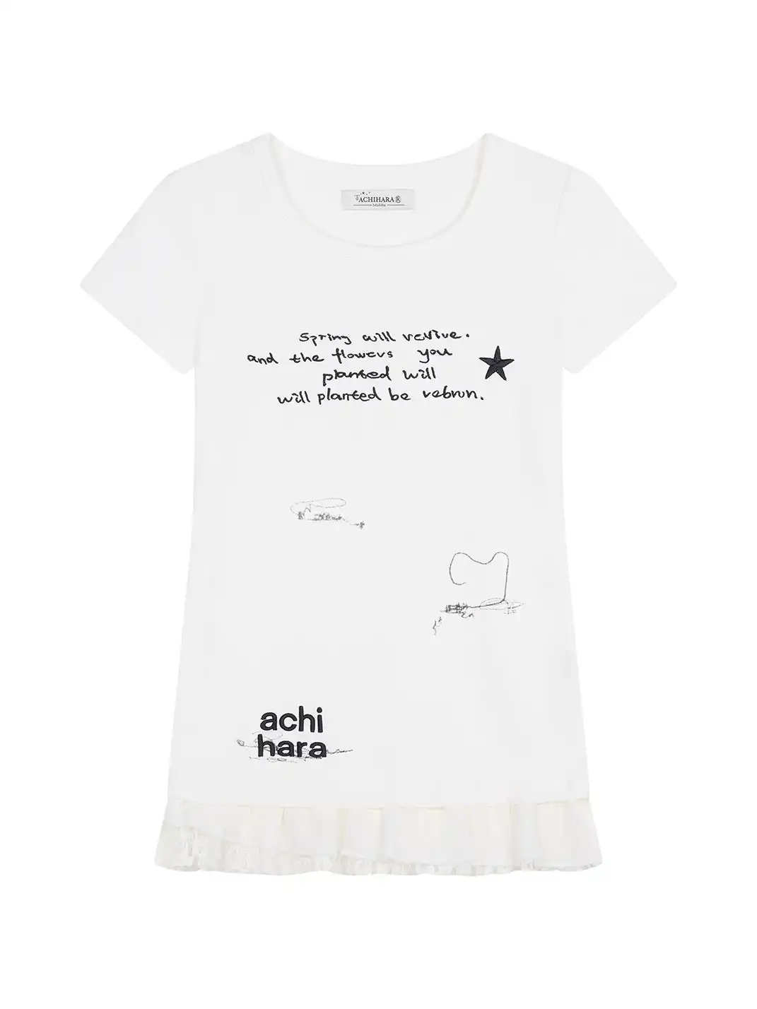 Achihara | Letter Star Print Layered Lace Hem Slim T-Shirt