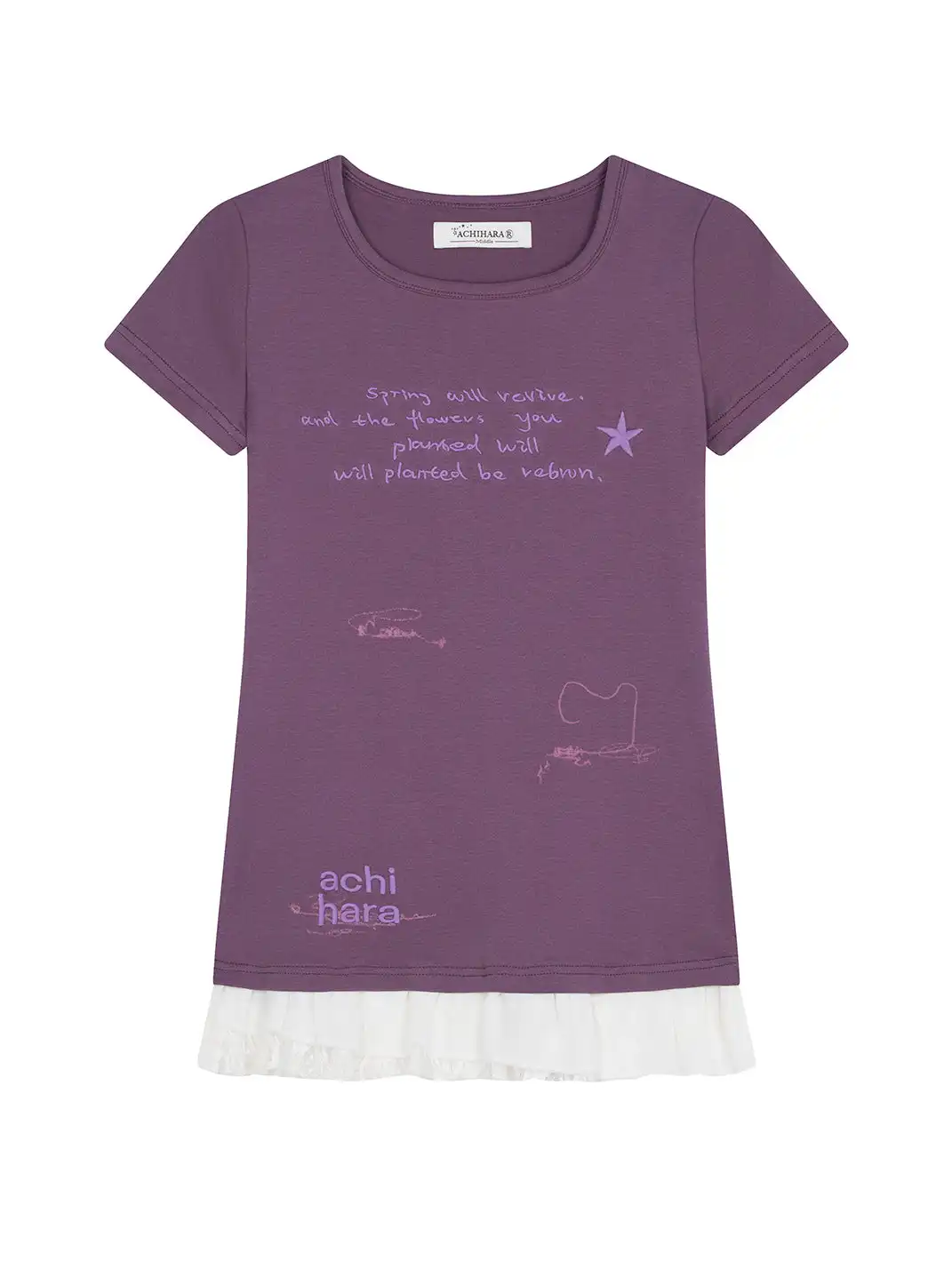 Achihara | Letter Star Print Layered Lace Hem Slim T-Shirt