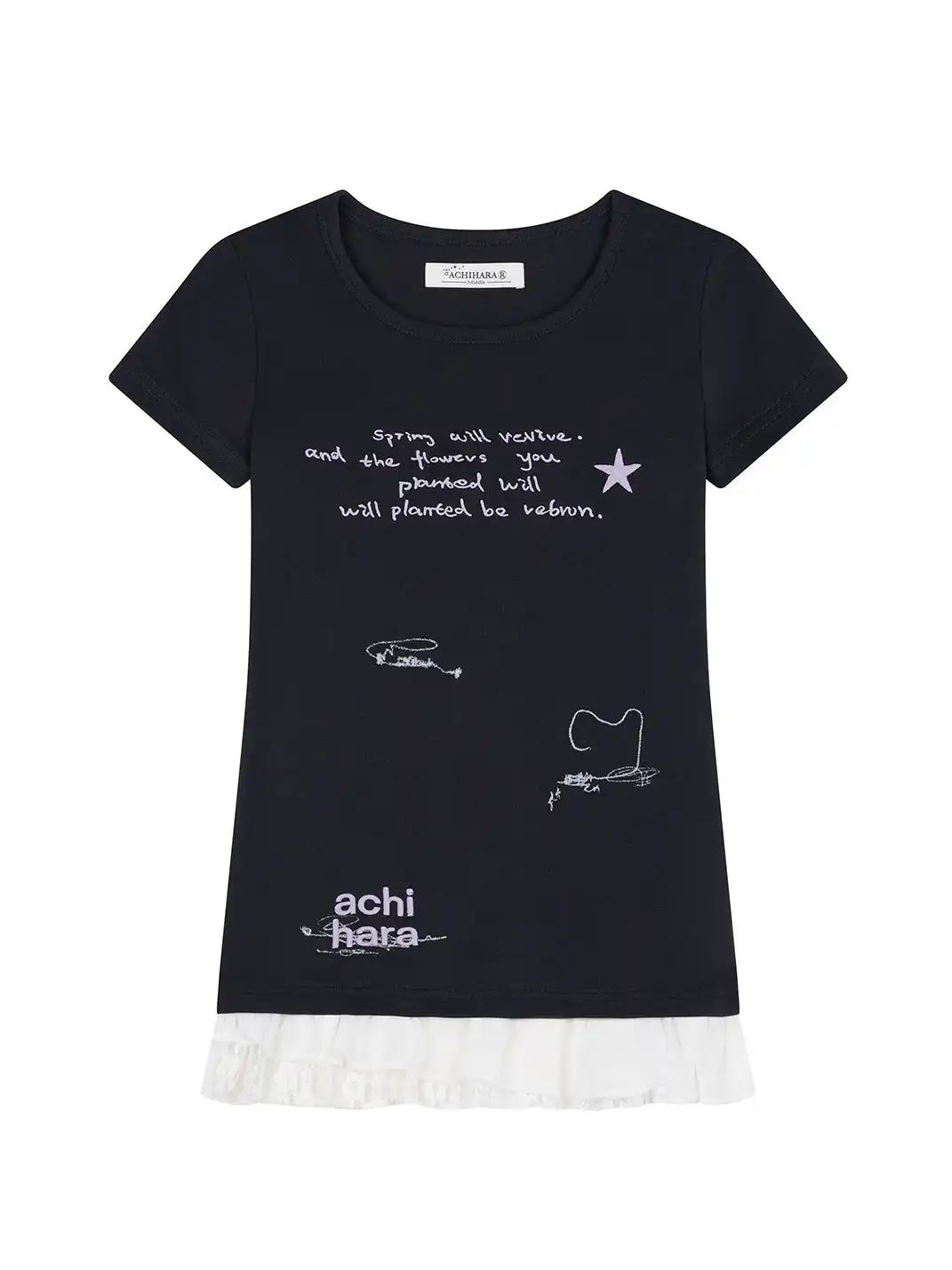 Achihara | Letter Star Print Layered Lace Hem Slim T-Shirt