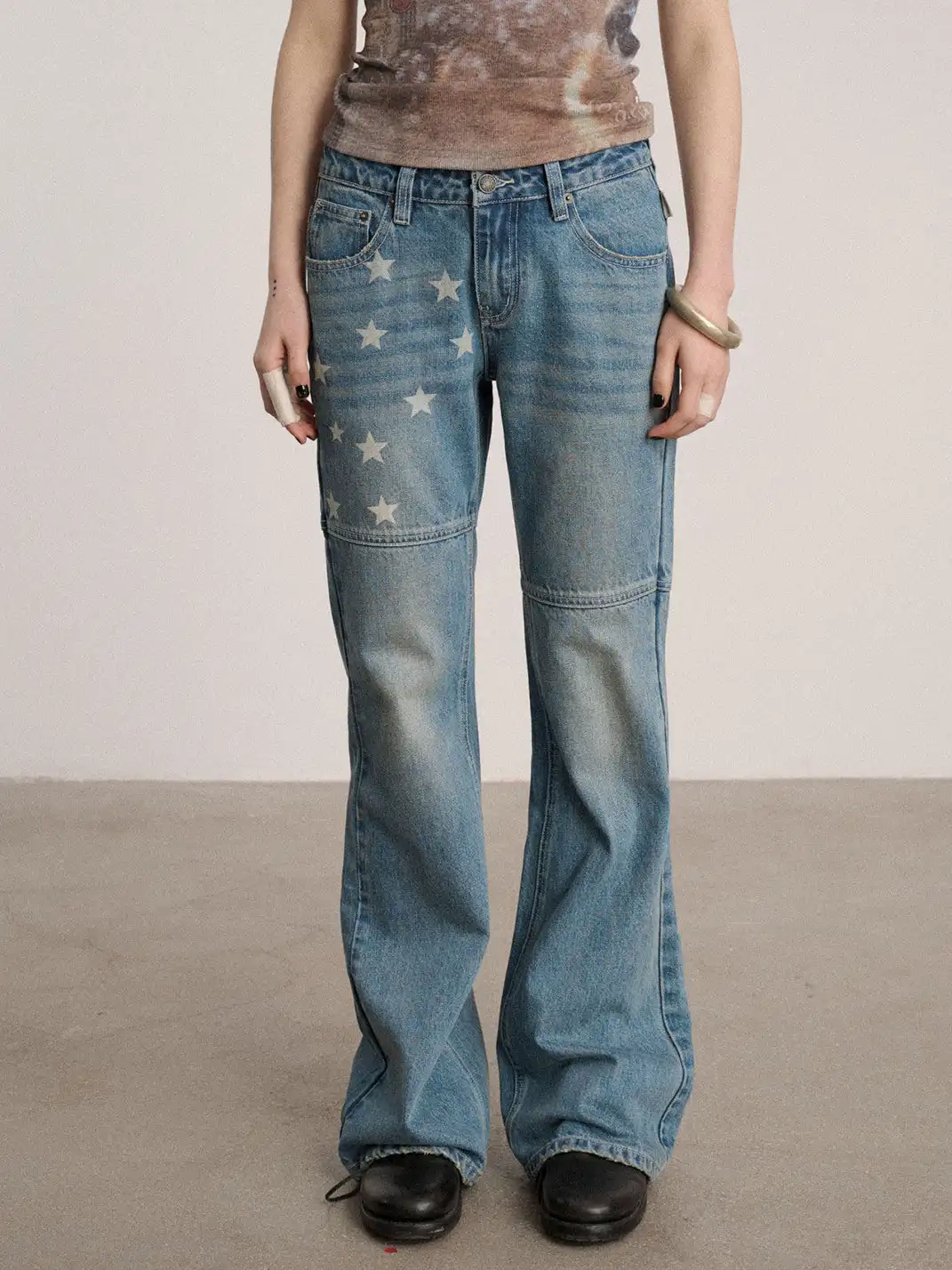 Achihara | Star Print Low Waist Panel Flare Jeans