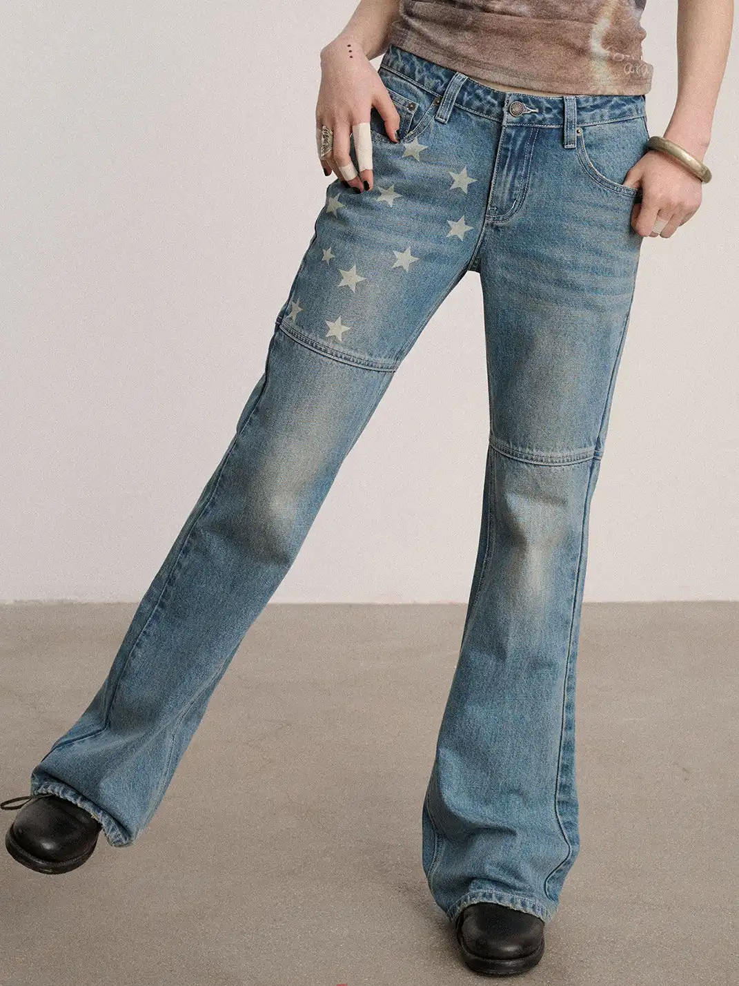 Achihara | Star Print Low Waist Panel Flare Jeans