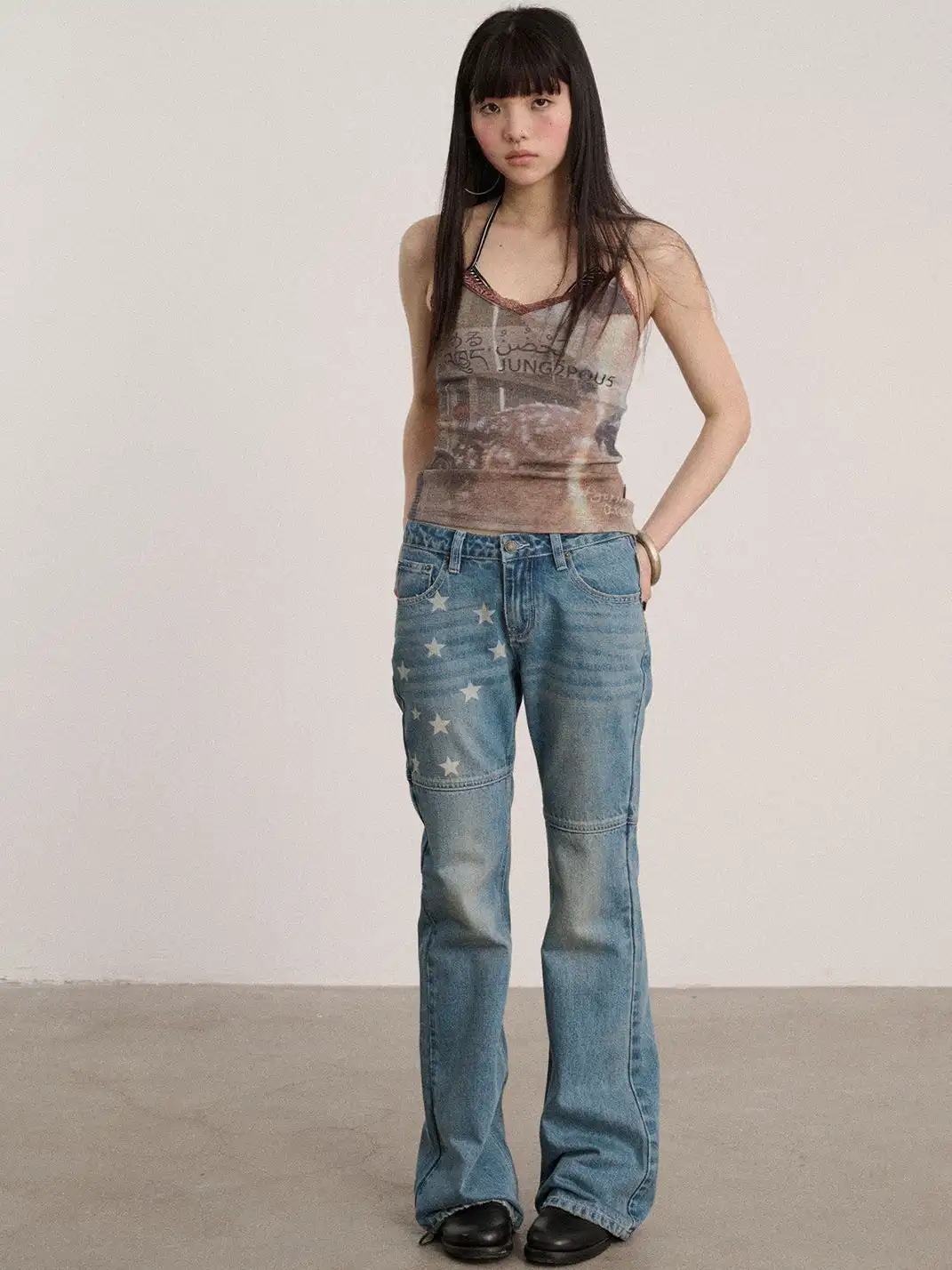Achihara | Star Print Low Waist Panel Flare Jeans