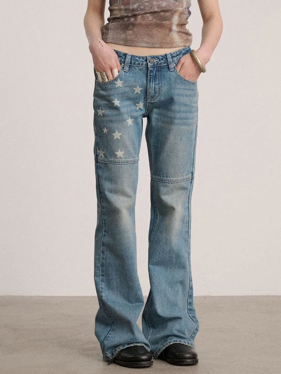 Achihara | Star Print Low Waist Panel Flare Jeans