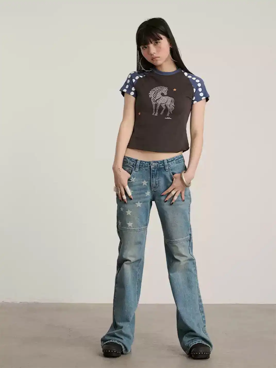 Achihara | Star Print Low Waist Panel Flare Jeans
