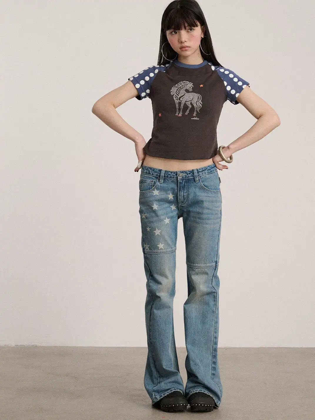 Achihara | Star Print Low Waist Panel Flare Jeans
