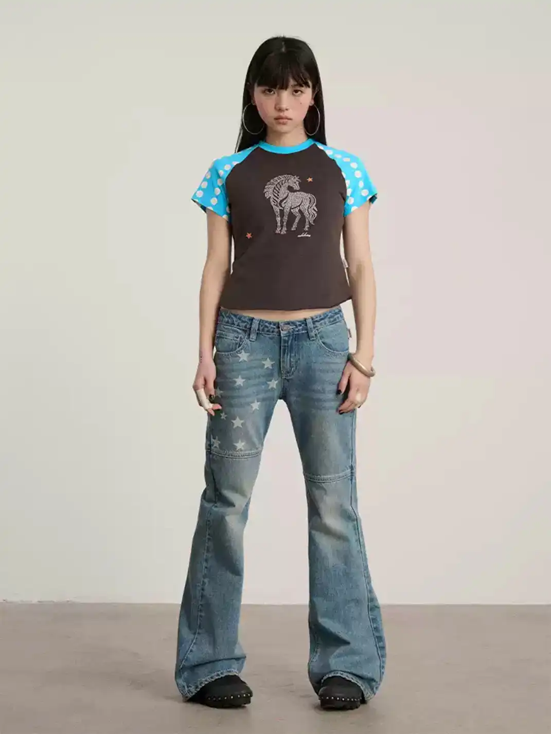 Achihara | Star Print Low Waist Panel Flare Jeans