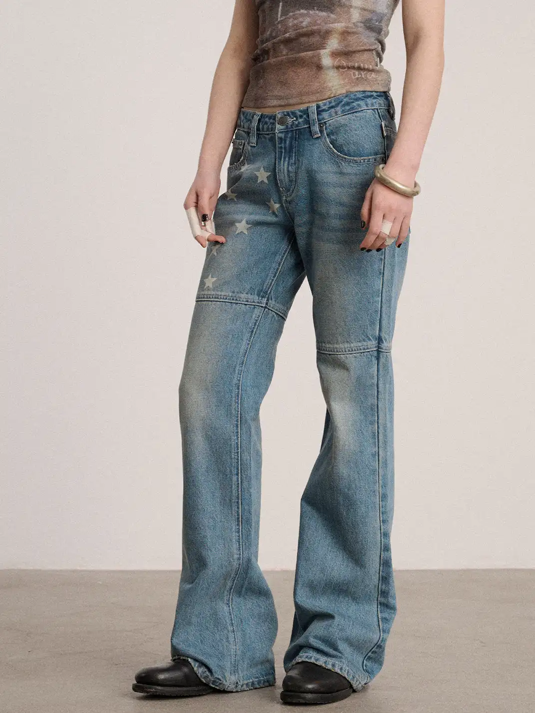 Achihara | Star Print Low Waist Panel Flare Jeans