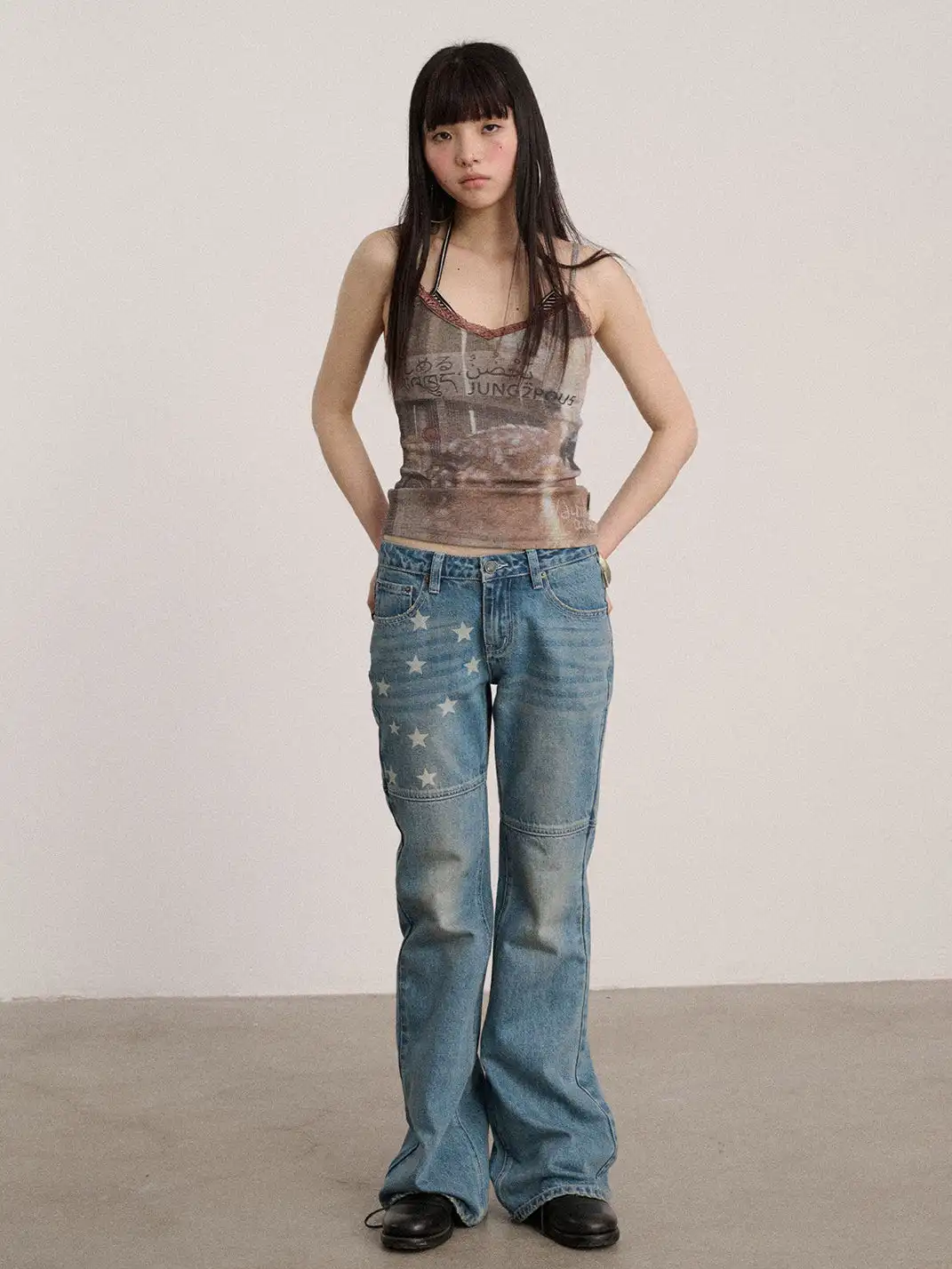 Achihara | Star Print Low Waist Panel Flare Jeans