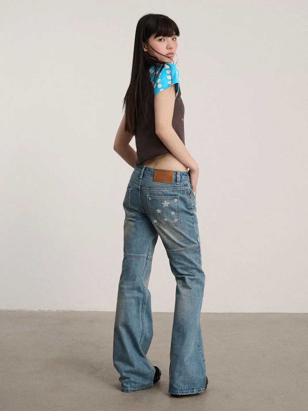 Achihara | Star Print Low Waist Panel Flare Jeans